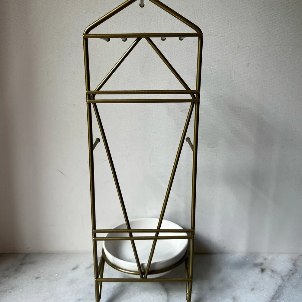 Elegant Gold Metal jewelry Stand, display , holder with ceramic Bowl